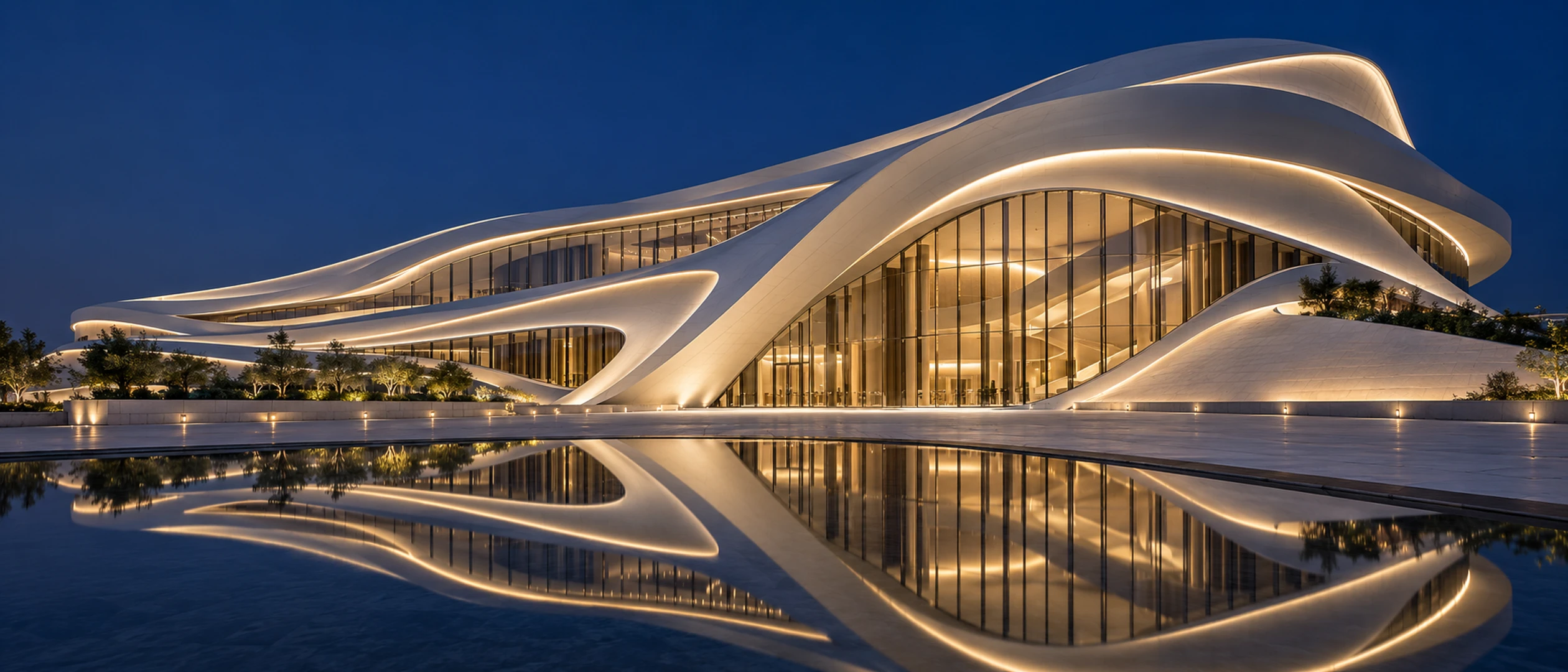 Sculptural cultural facade with continuous ribbon lighting