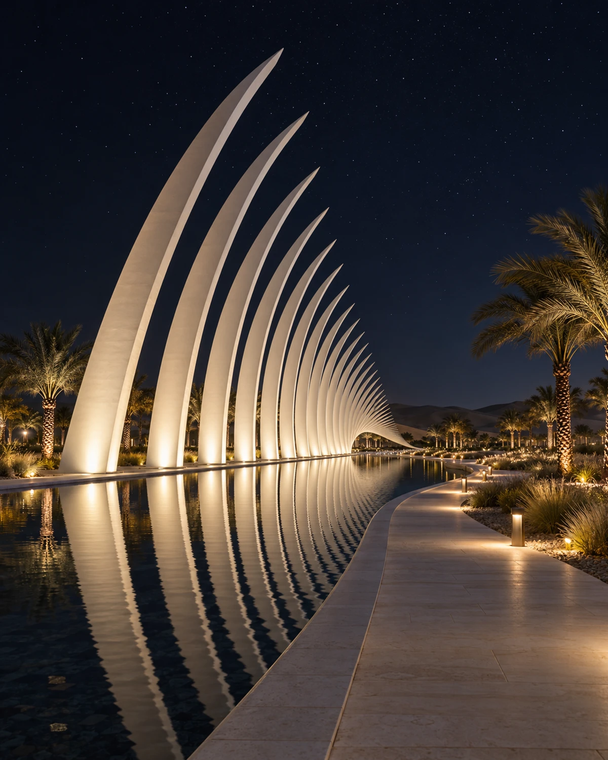 Waterfront garden with illuminated white ribs and a reflecting pool