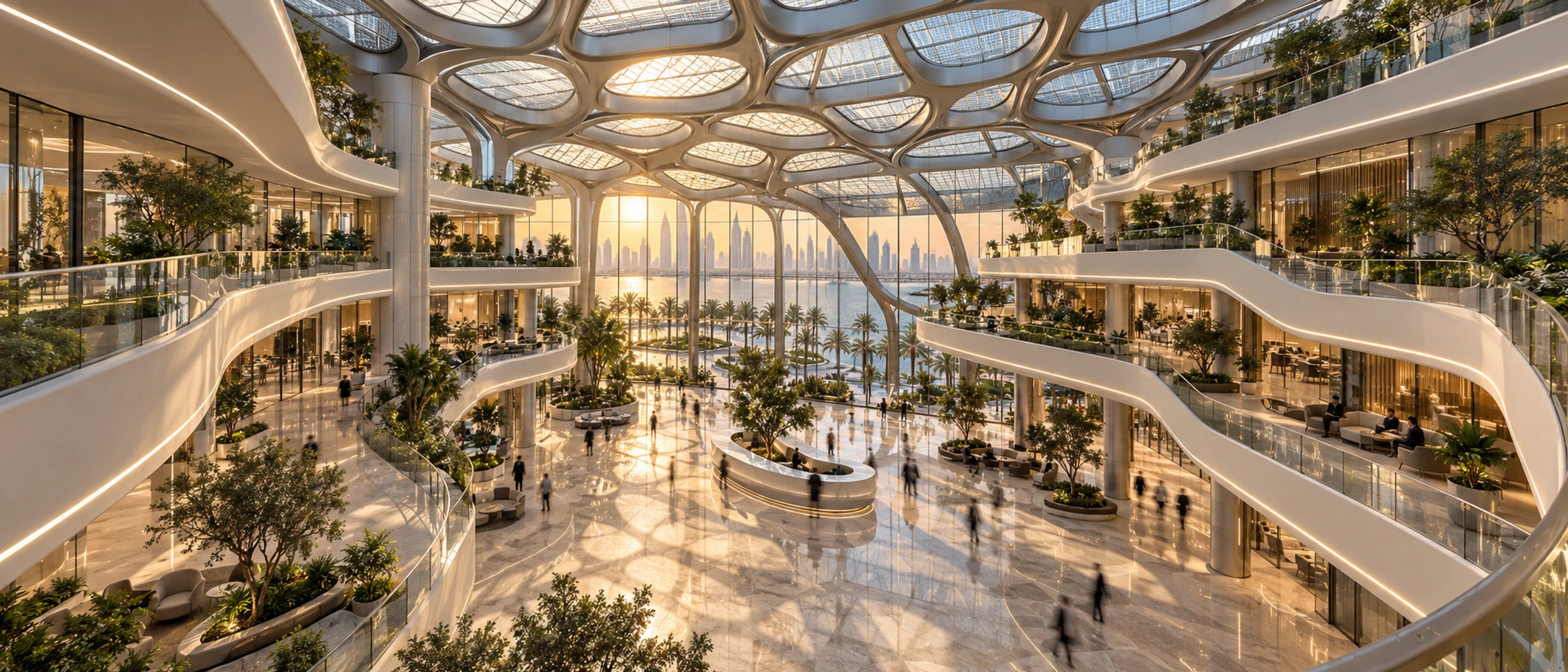 Smart commercial atrium balancing daylight and architectural lighting