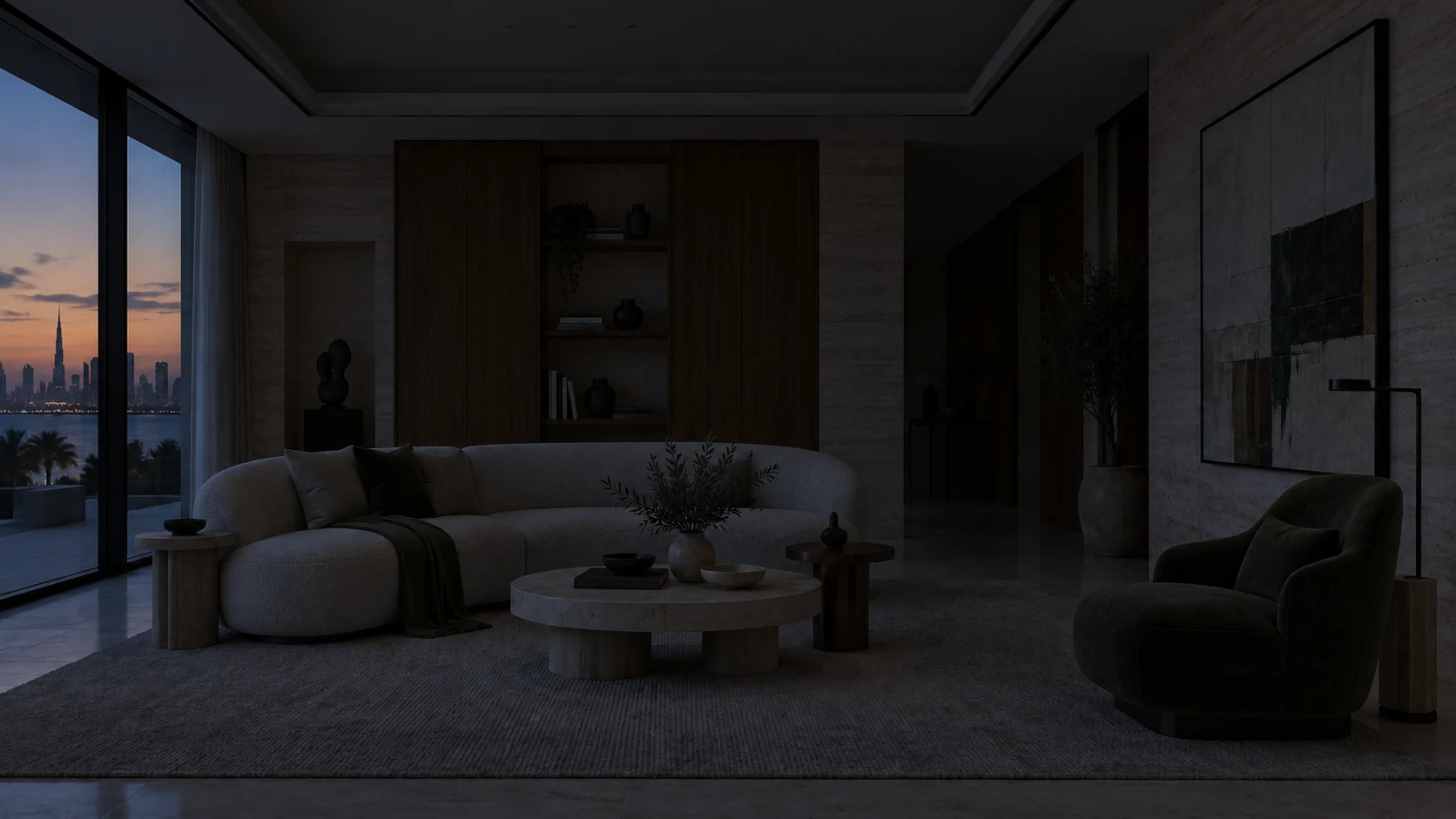 A consistent living-room scene showing the effect of each lighting layer