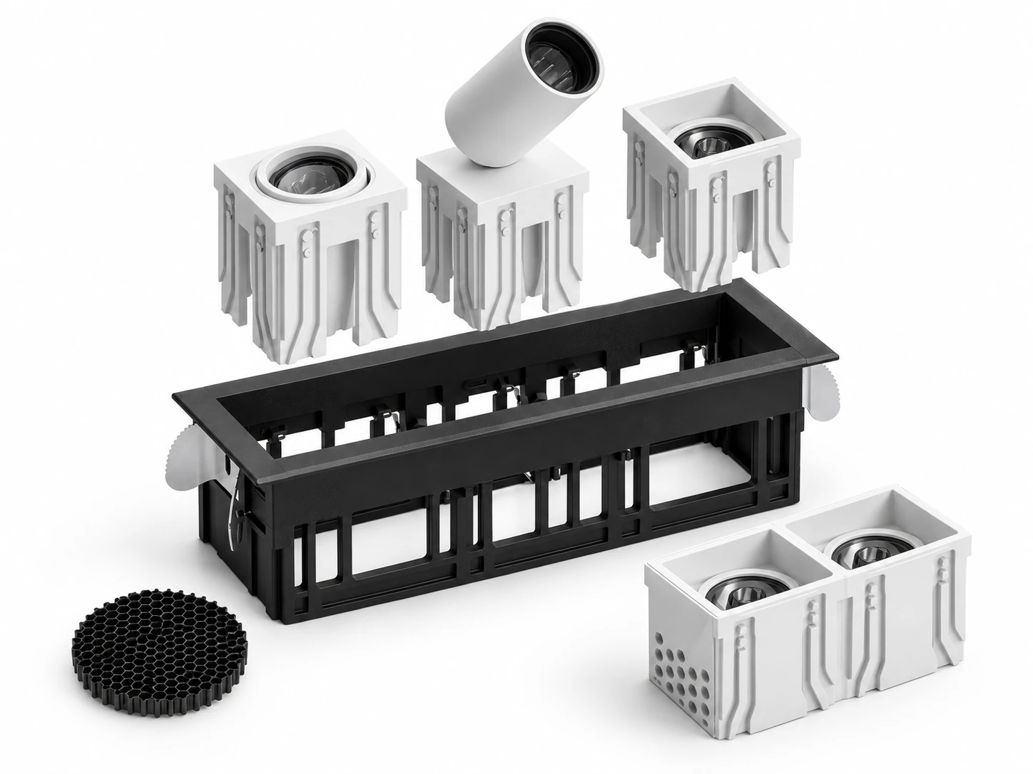 Modus configurable spotlight system with a three-slot frame, interchangeable optical modules and glare-control accessory