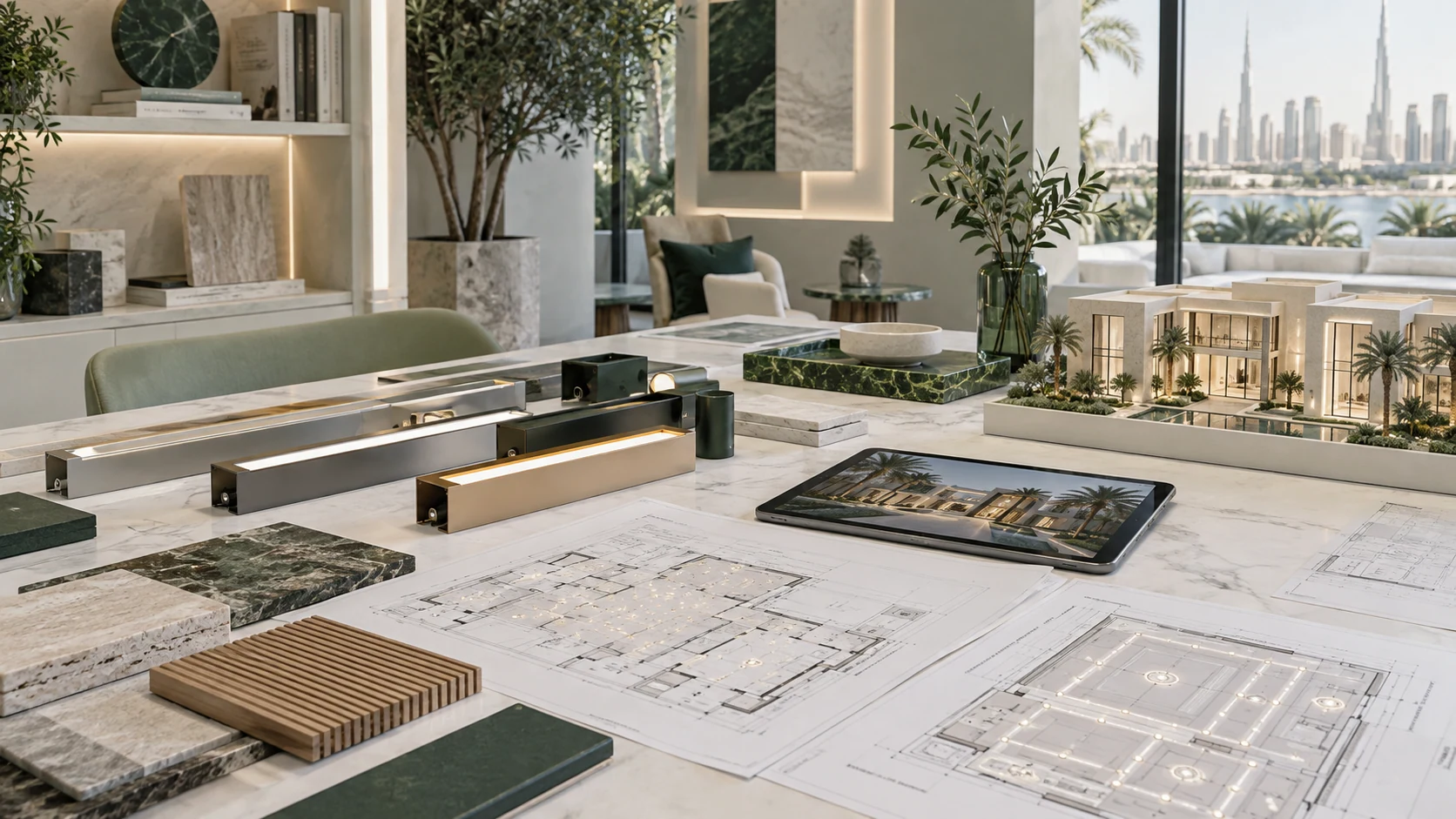 Lighting plans, fixture samples and an architectural model on a Dubai-inspired design desk